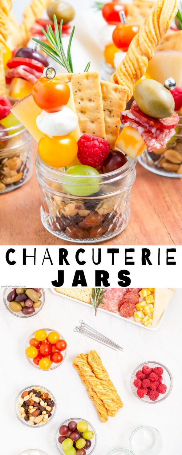 CHARCUTERIE CUPS also known as JARCUTERIE are a fun way to allow friends and family to customize their individual charcuterie. Basically it is an antipasto assortment that can be carried in one hand thanks to the use of jars or plastic cups. charcuterie cups pinnable image with title text