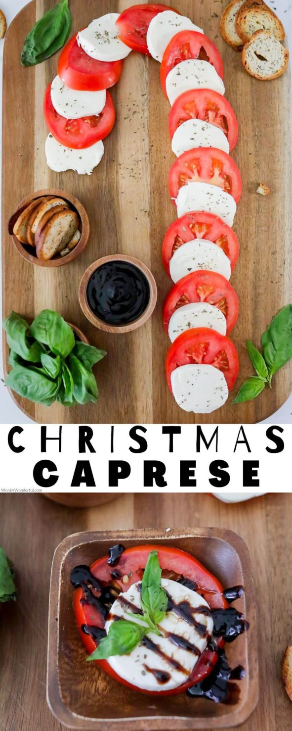 This CHRISTMAS CAPRESE APPETIZER is a super easy and festive way to serve mozzarella, tomato and basil at your holiday feasts and parties. christmas caprese appetizer pinnable image with title text