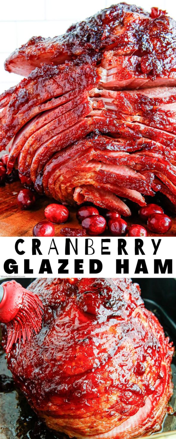 Make this CRANBERRY GLAZED HAM for a simple holiday ham. A spiral ham glazed with a sweet and spiced cranberry sauce for a flavorful show-stopper ham. cranberry glazed ham pinnable image with title text