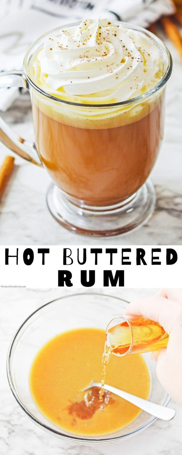 HOT BUTTERED RUM is a classic wintertime holiday cocktail. A simple blend of butter, brown sugar, spices and rum served hot. hot buttered rum pinnable image with title text