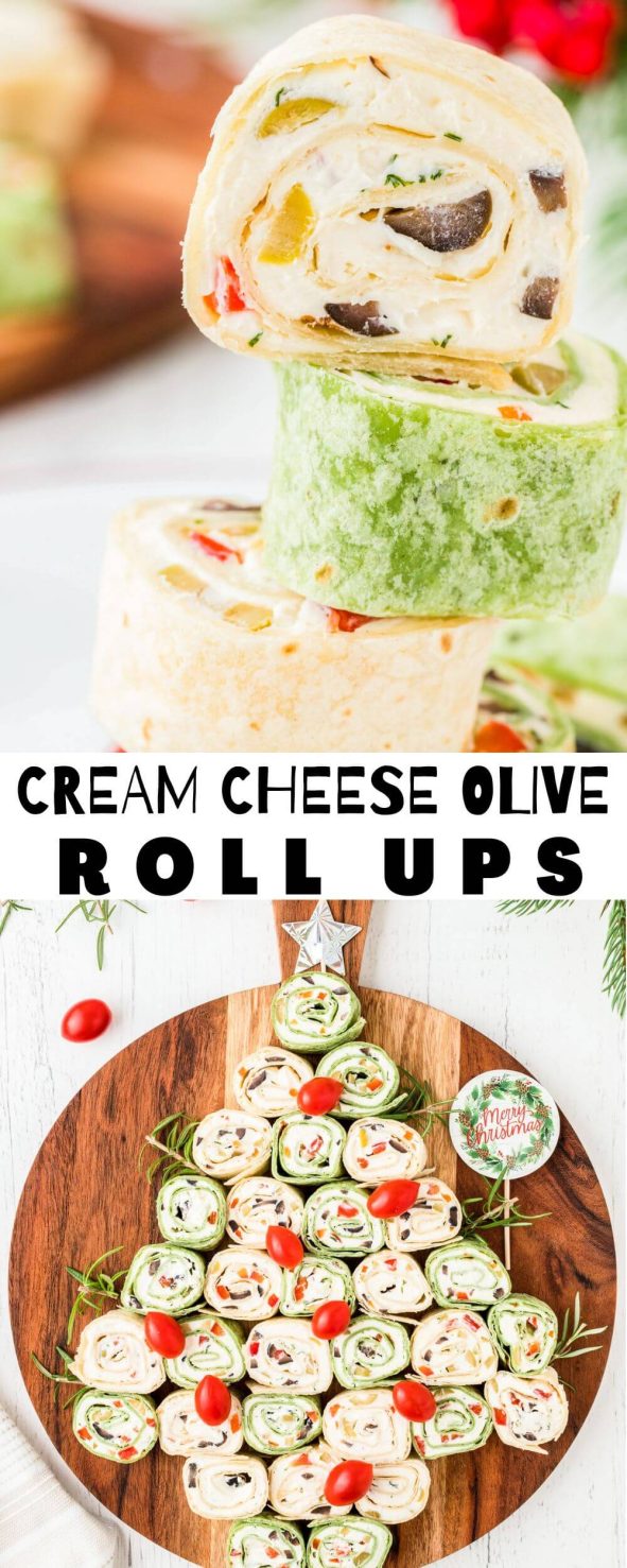 These CREAM CHEESE OLIVE TORTILLA ROLL UPS are the perfect appetizer recipe for holidays, game day or parties. Cream cheese, olives, red peppers and spices rolled up into tortillas then sliced into bite sized snacks. cream cheese olive tortilla roll ups pinnable image with title text
