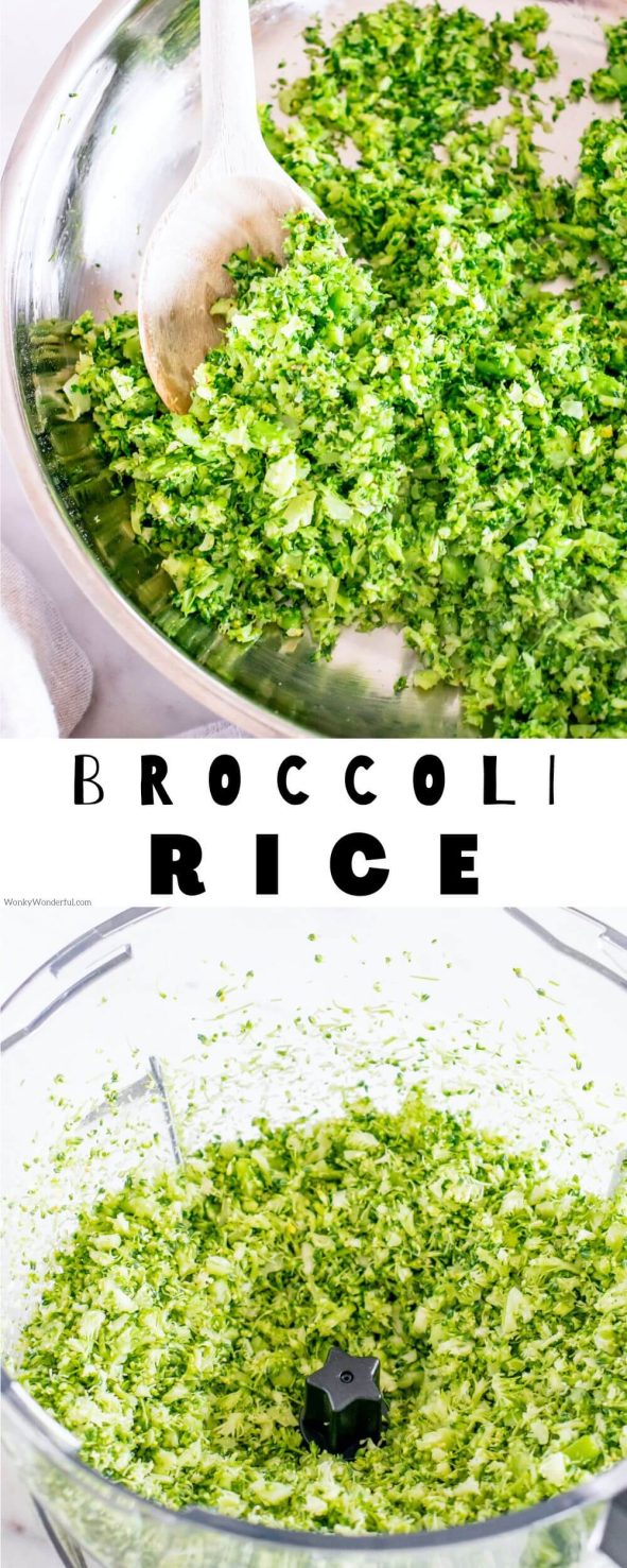 For a healthy alternative to rice, make this BROCCOLI RICE RECIPE. Similar to cauliflower rice, riced broccoli is chopped small and prepared to resemble rice. broccoli rice pinnable image with title text