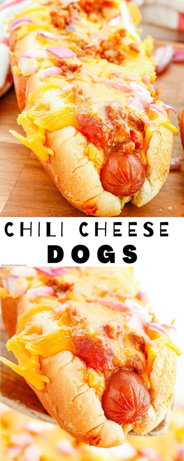 These CHILI CHEESE DOGS are a fantastic and easy dish to serve at get-togethers or on game day. Hot dogs slathered with chili, cheese and onions then baked to perfection for the perfect party meal. chili cheese dogs pinnable image with title text