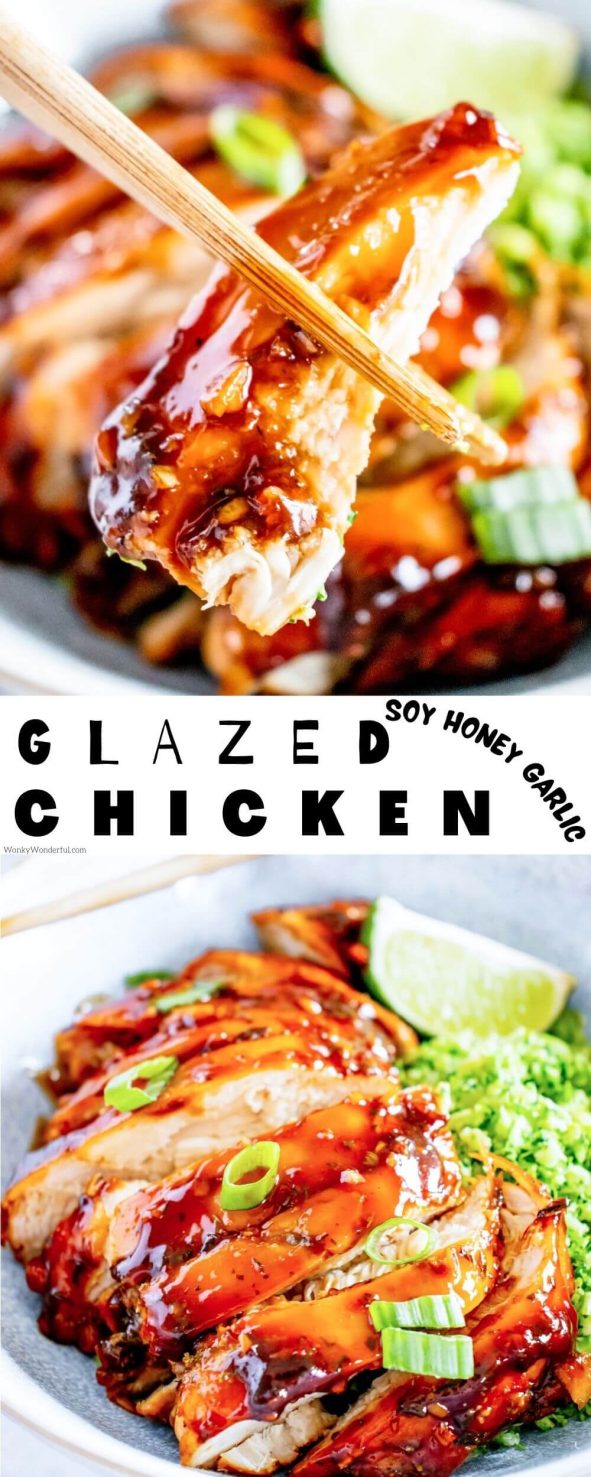 Make this SOY HONEY GARLIC CHICKEN BREAST for a flavorful chicken dinner. Baked chicken breast slathered with a honey soy sauce glaze. honey garlic chicken pinnable image with title text