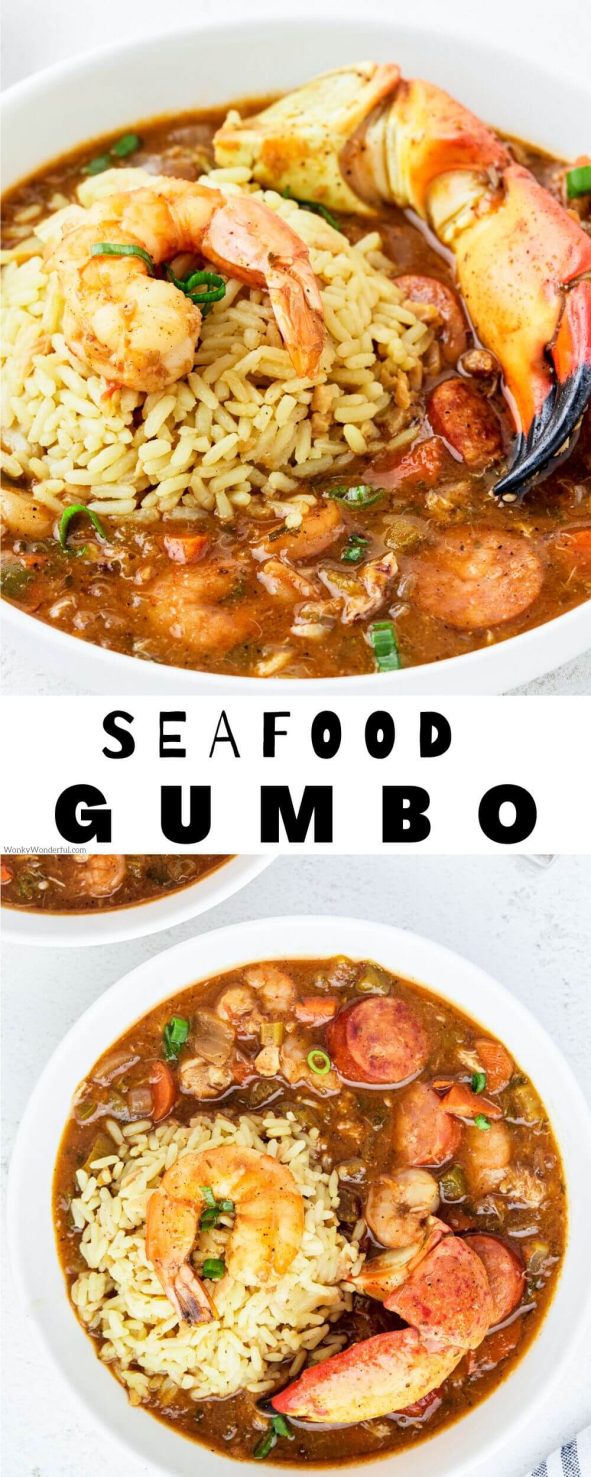 This SEAFOOD GUMBO RECIPE is a hearty Cajun inspired dinner. You'll feel like you're in New Orleans while eating this flavorful gumbo filled with fresh shrimp, sausage and crab. seafood gumbo pinnable image with title text