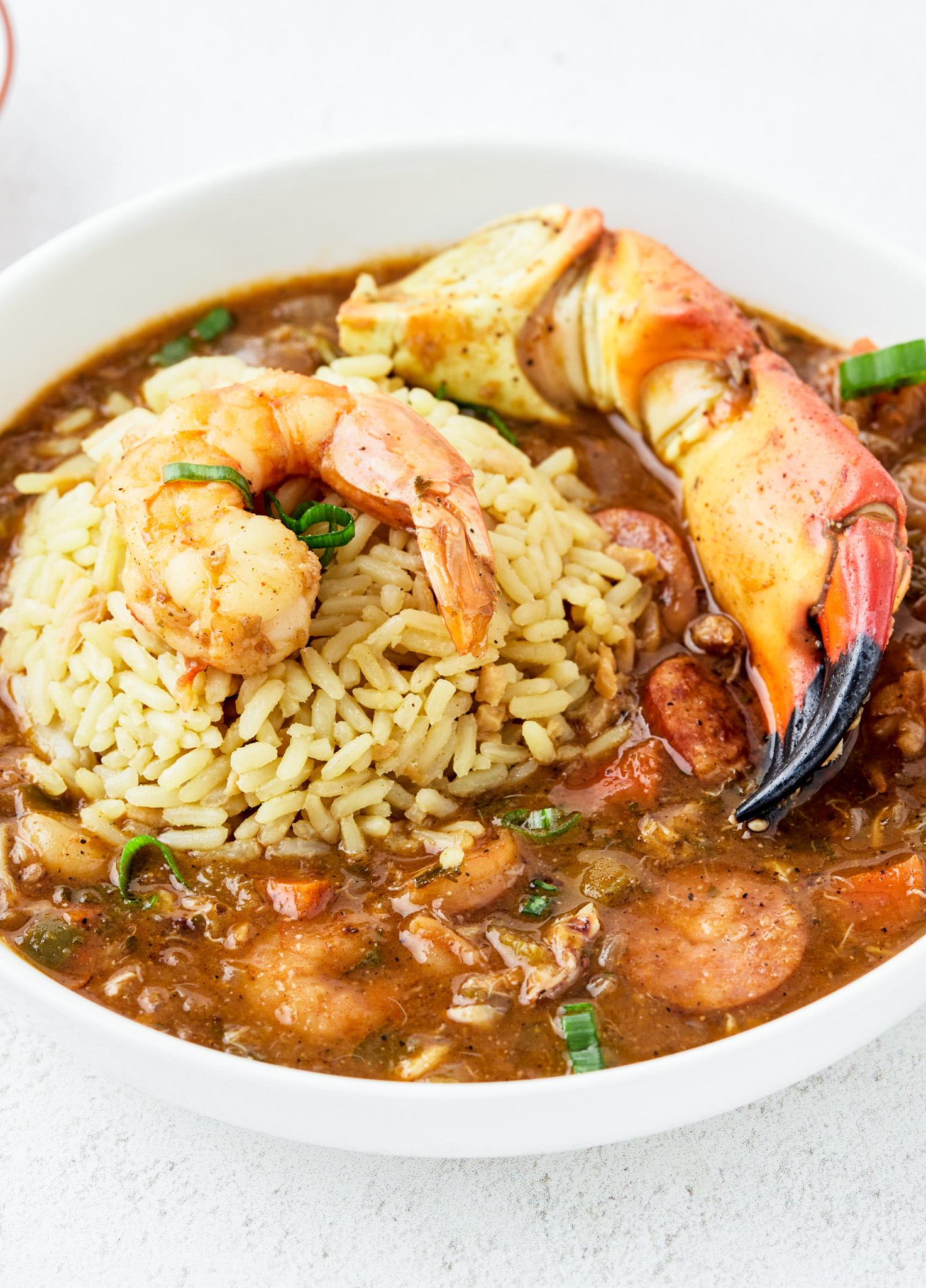 shrimp and crab claw over rice and soup