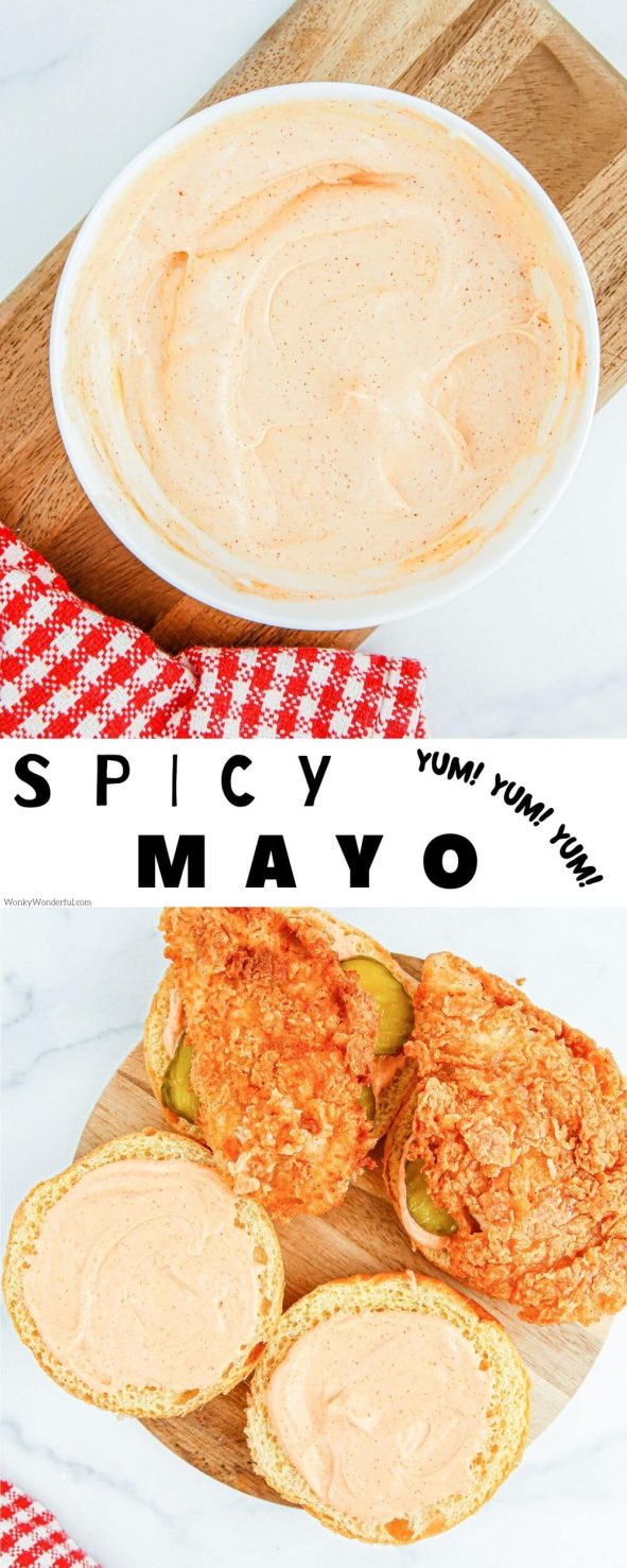 This SPICY MAYO RECIPE is great on sandwiches, sushi, wraps and more. A simple blend of mayonnaise, hot sauce and spices. spicy mayo opinable image with title text