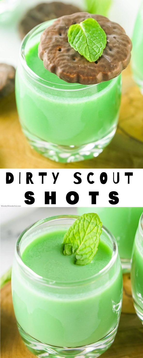 DIRTY GIRL SCOUT SHOTS - A creamy mint chocolate shot that will remind you of thin mints. dirty Girl Scout shots pinnable image with title text