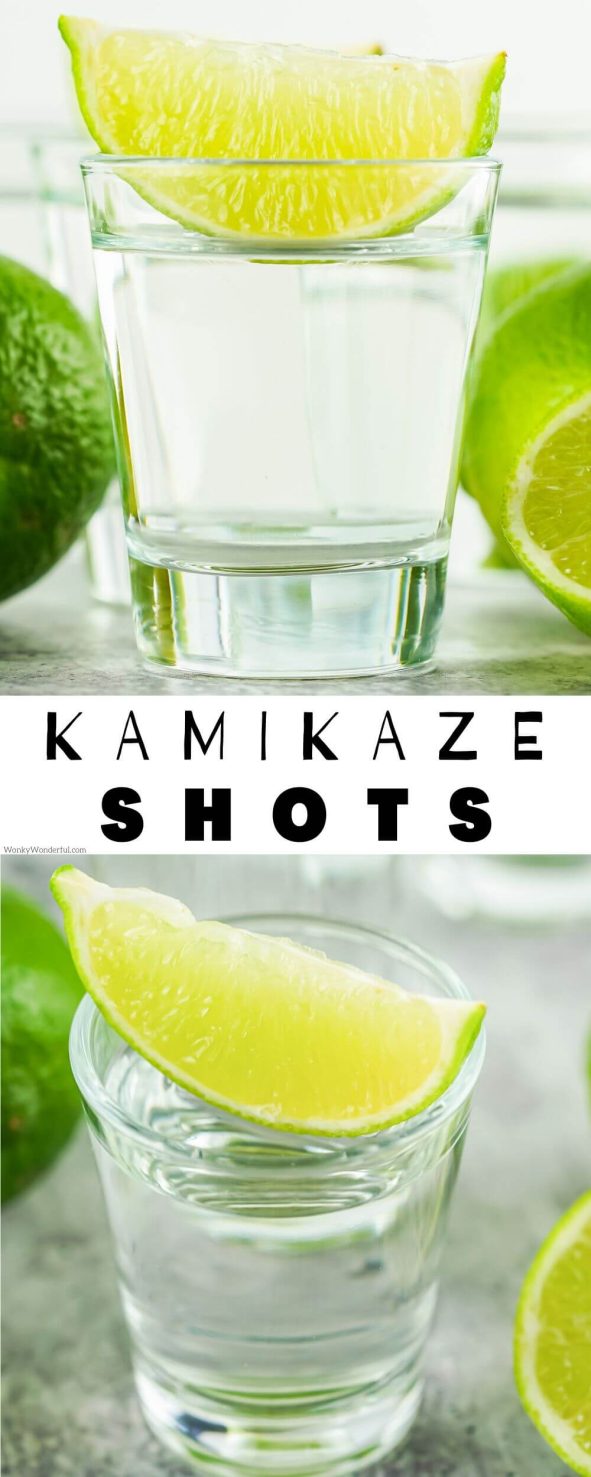 These KAMIKAZE SHOTS are not for the faint of heart. These strong shots are made with vodka, triple sec and lime juice. Zing! kamikaze shots pinnable image