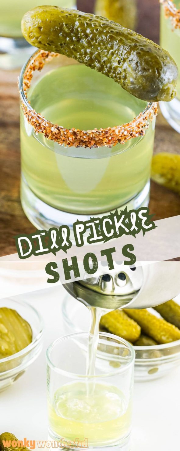 These DILL PICKLE SHOTS are for all the pickle lovers out there. Salty, briny shots made with pickle juice and vodka; rimmed with Tajin for a little kick. pickle shots pinnable image