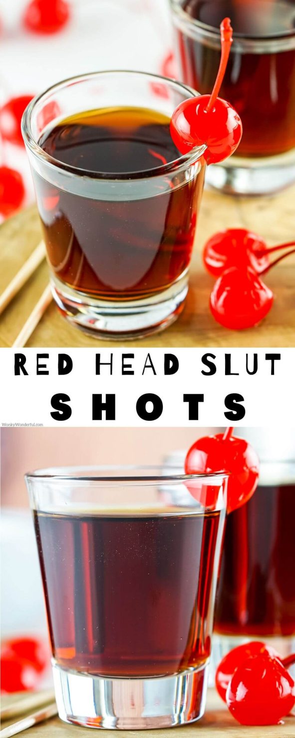 These RED HEADED SLUT SHOTS are a little sweet and a bit tart. A simple blend of Jagermeister, Peach Schnapps and cranberry juice. red headed slut shots pinnable image with title text