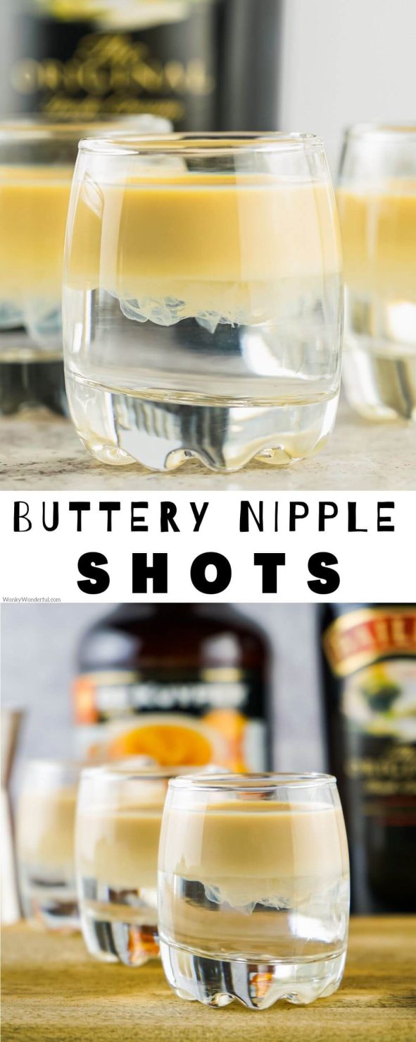 This BUTTERY NIPPLE SHOT is an easy yet impressive alcohol shot. Butterscotch schnapps topped with Bailey’s for a layered shot that is creamy and buttery. buttery nipple shot pinnable image with title text