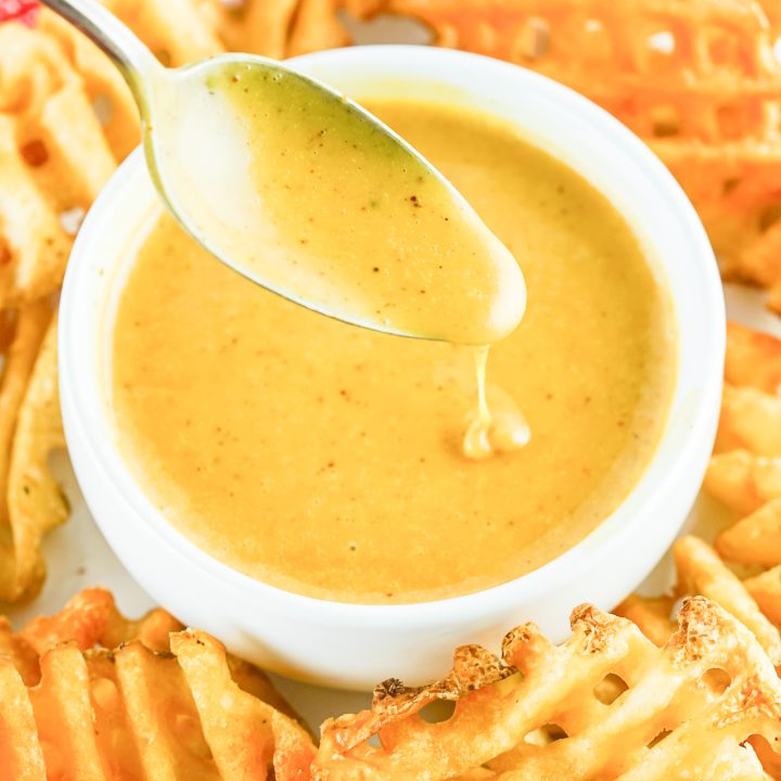 sauce in bowl next to waffle fries