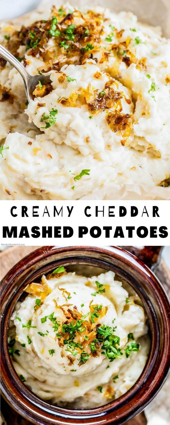 creamy mashed potatoes pinnable image with title text