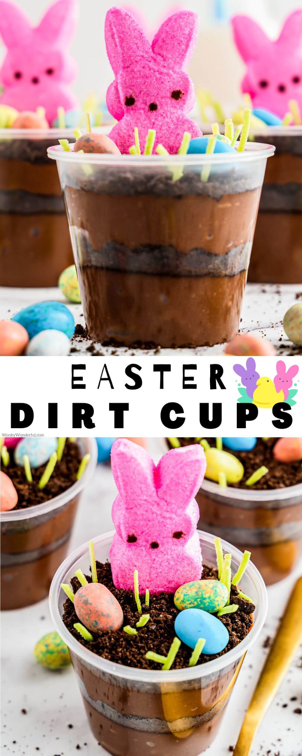 These EASTER DIRT PUDDING CUPS are a fun holiday treat that the kids will love and can even help prepare. Layers of chocolate pudding and crushed cookies topped with Easter candy. easter dirt pudding cups pinnable image with title text