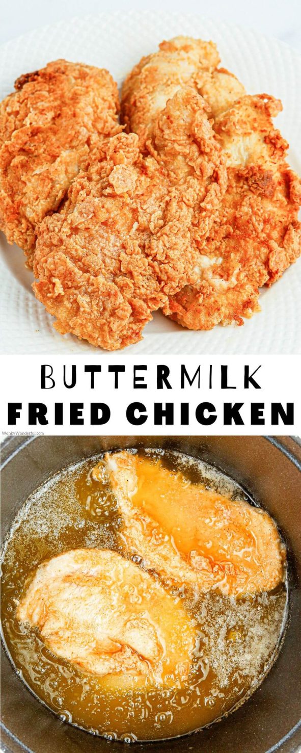 This BUTTERMILK FRIED CHICKEN is juicy on the inside and crisp on the outside. The perfect blend of spices add flavor to the breading. buttermilk fried chicken pinnable image with title text