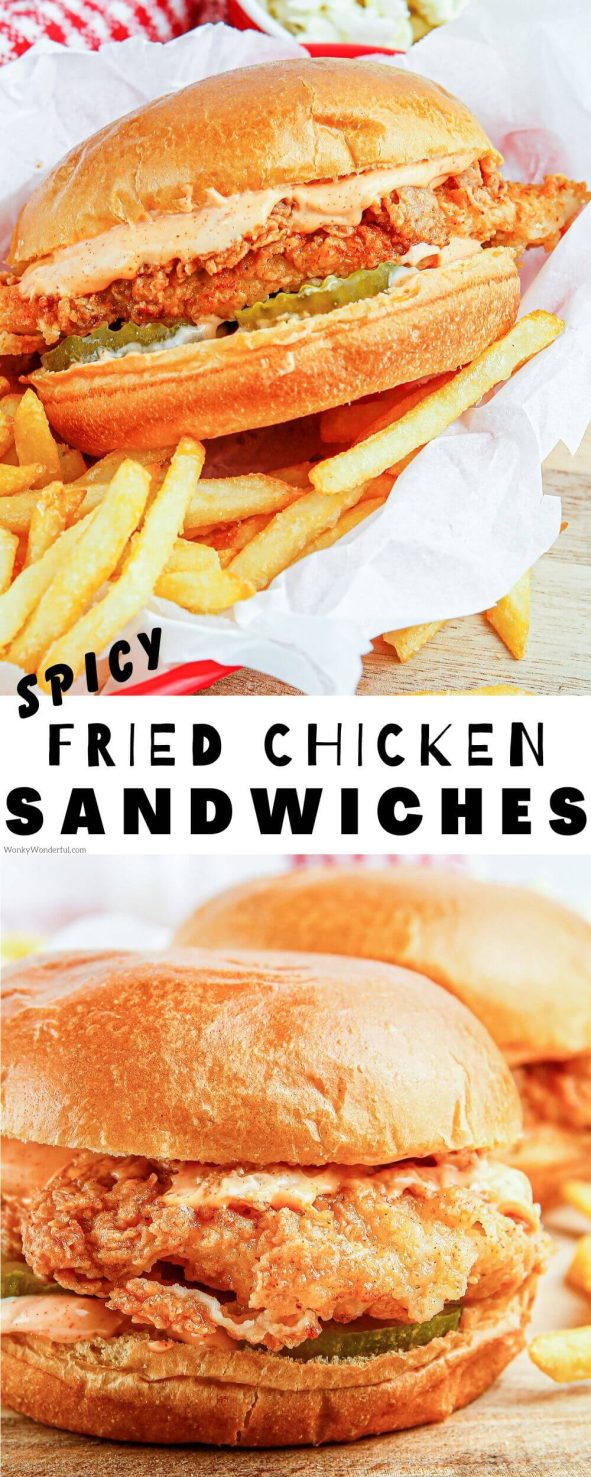 fried chicken sandwich pinnable image with title text