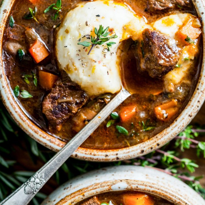 spoon scooping stew from bowl