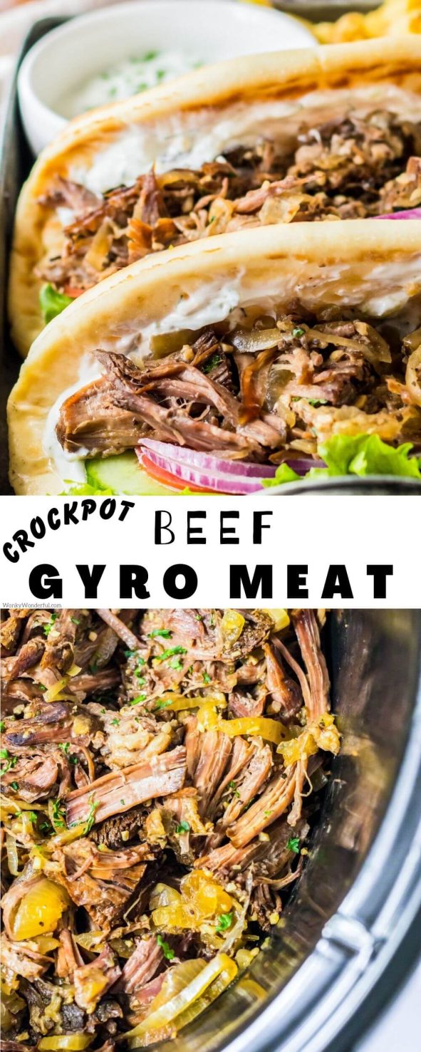 This CROCKPOT BEEF GYRO MEAT is so easy to make. Just slow cook the beef roast then pile it onto pita bread slathered with tzatziki sauce for the ultimate homemade gyros. crockpot gyro meat pinnable image with title text