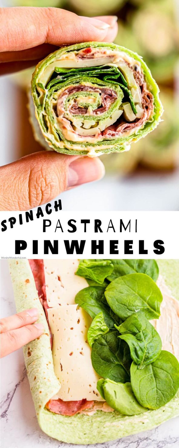 Cream cheese, Thousand Island, pastrami, Swiss cheese and spinach rolled into spinach tortillas make these PASTRAMI SPINACH PINWHEELS easy and delicious. pastrami spinach pinwheels pinnable image with title text