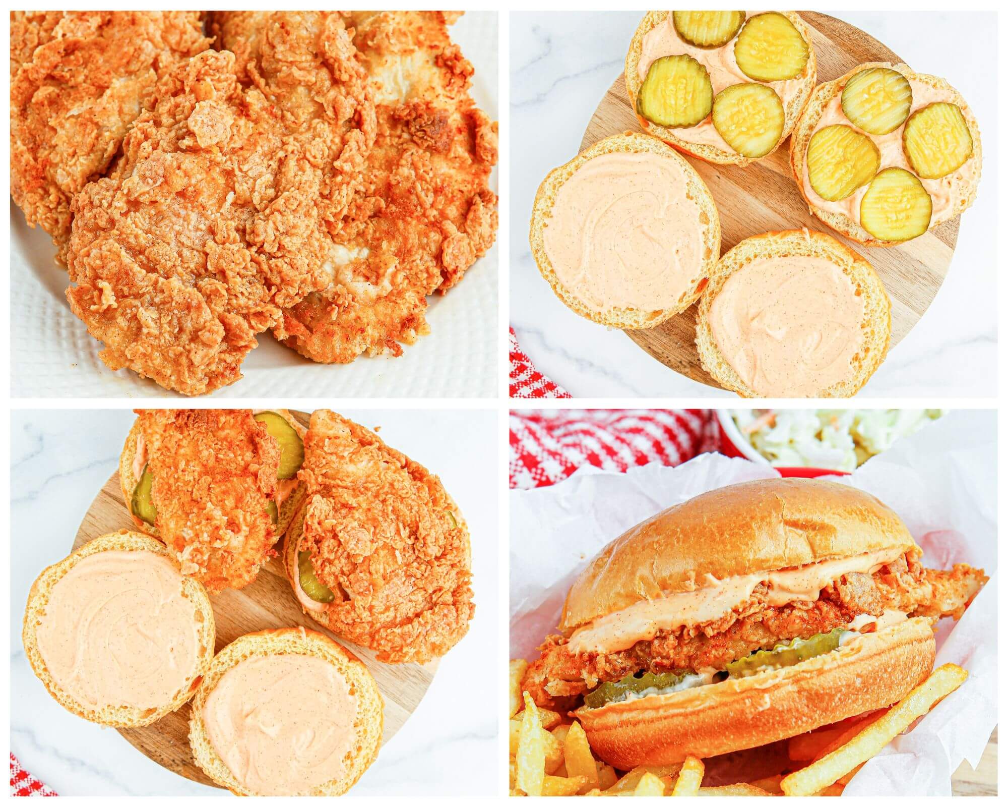 chicken sandwich process photo collage