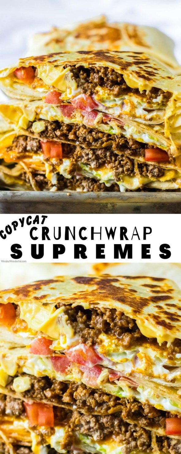 This HOMEMADE CRUNCHWRAP SUPREME RECIPE is even better than the Taco Bell version. Taco meat, nacho cheese, lettuce, tomato and sour cream tucked into tortillas then toasted to golden brown. Crunchwrap supreme pinnable image with title text
