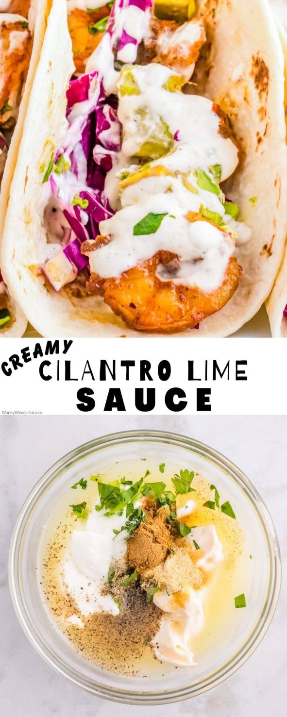 This CREAMY CILANTRO LIME SAUCE is perfect for tacos, nachos, on fish, as a chicken wing dip or anything else you can think of. The fresh flavors of cilantro and lime come together in a creamy dipping sauce. cilantro lime sauce pinnable image with title text
