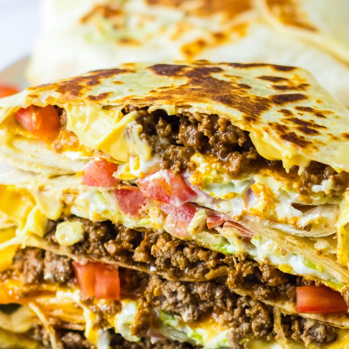 prepared Crunchwraps sliced and stacked