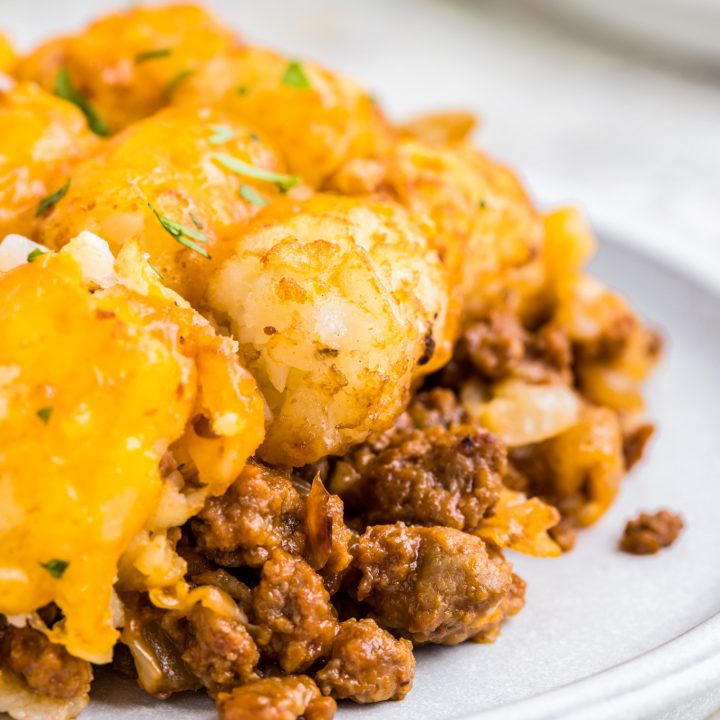 meat topped with tater tots on white plate