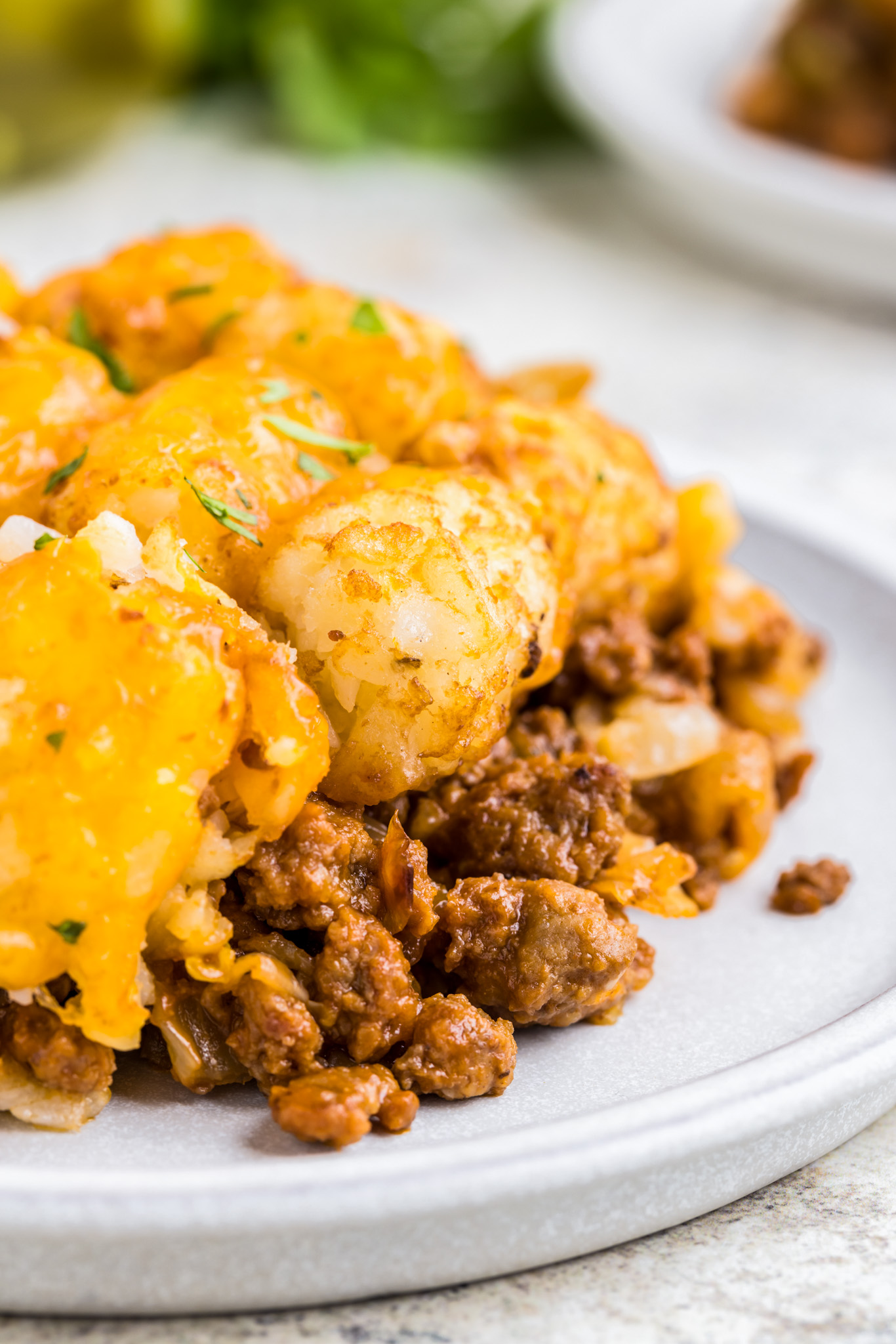meat topped with tater tots on white plate