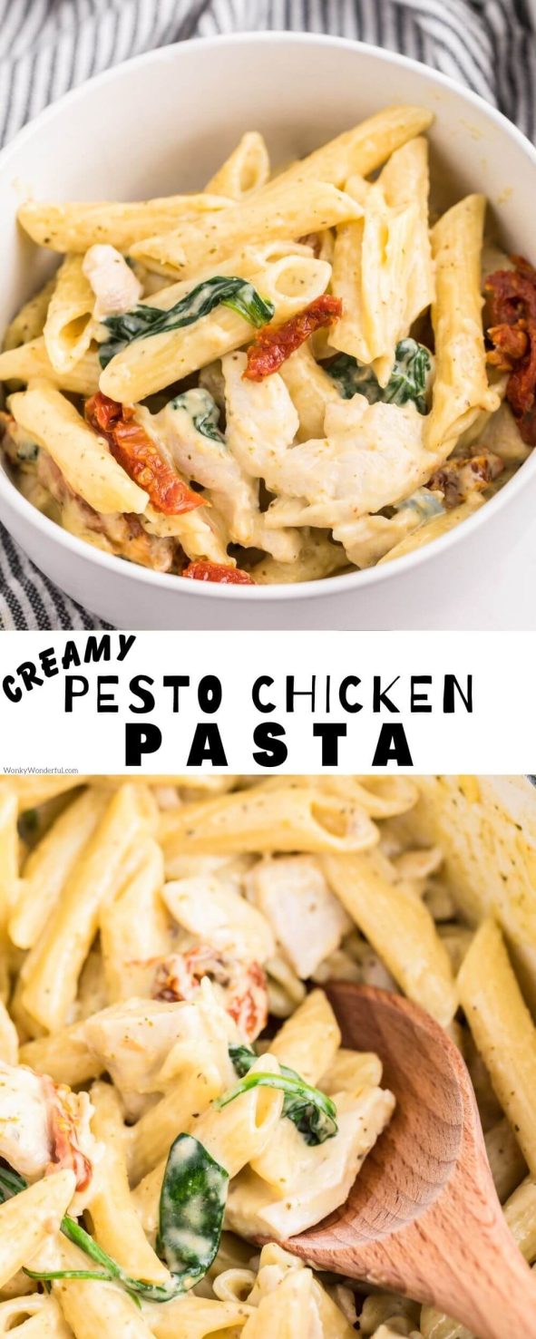 creamy chicken pasta pinnable image with title text