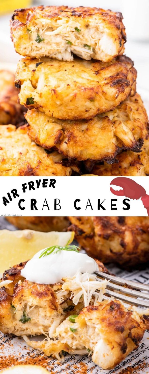 These Maryland-inspired Crab Cakes are made right in your air fryer. AIR FRYER CRAB CAKES are a quick, easy and decadent dinner recipe. air fryer crab cakes pinnable image with title text