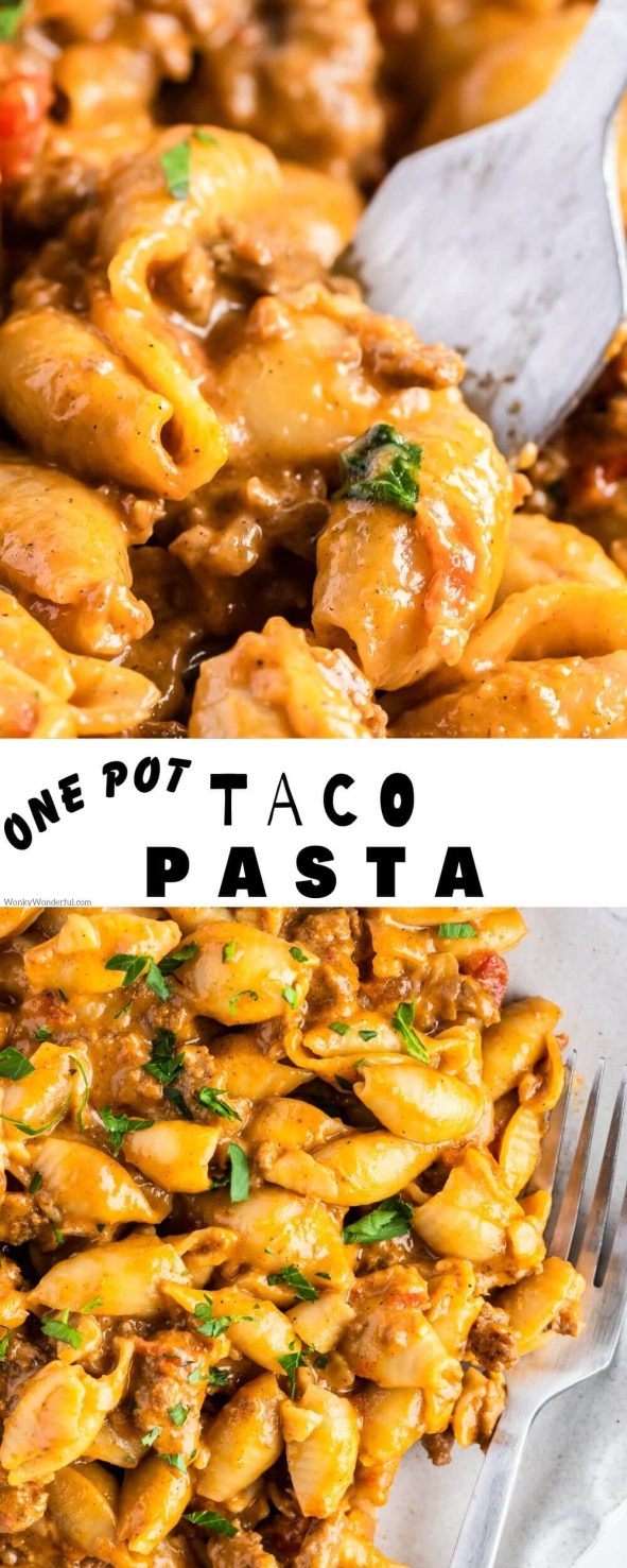 ONE POT TACO PASTA is an easy weeknight dinner idea made in one pot or skillet in less than 30 minutes. All that great taco flavor blended with cheese and pasta for a filling meal. one pot taco pasta pinnable image with title text