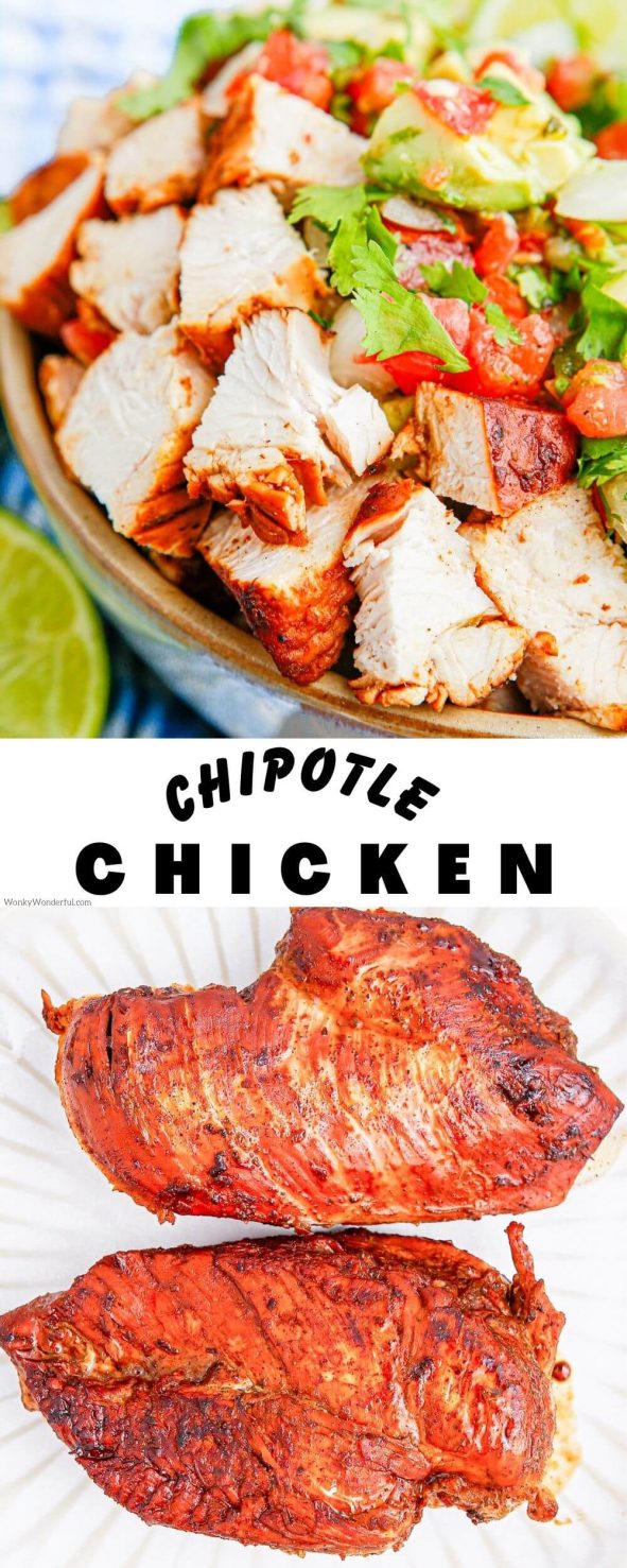 This CHIPOTLE CHICKEN RECIPE is a flavorful chicken that can be eaten on its own, in rice bowls, burrito bowls, tacos or on a salad. A simple chipotle marinade packs a punch of flavor to chicken. chipotle chicken recipe pinnable image with title text