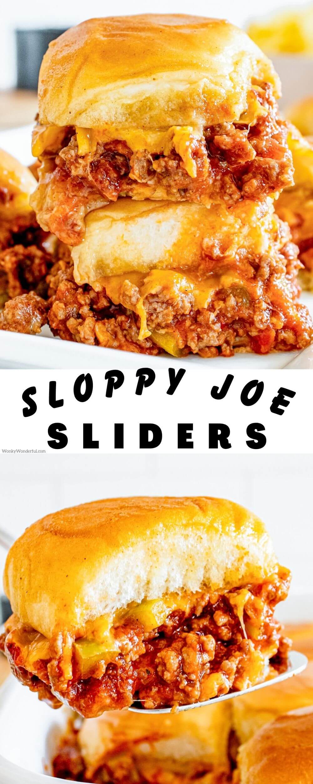These SLOPPY JOE SLIDERS are great for a weeknight dinner idea. Sloppy Joe beef and cheese tucked into Hawaiian rolls then baked to perfection. sloppy Joe sliders pinnable image with title text
