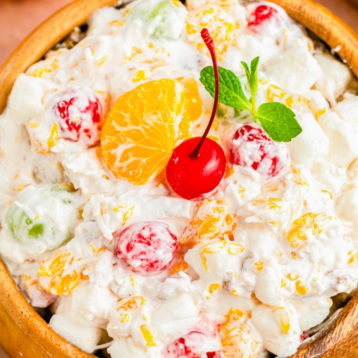 ambrosia fluff in wooden bowl