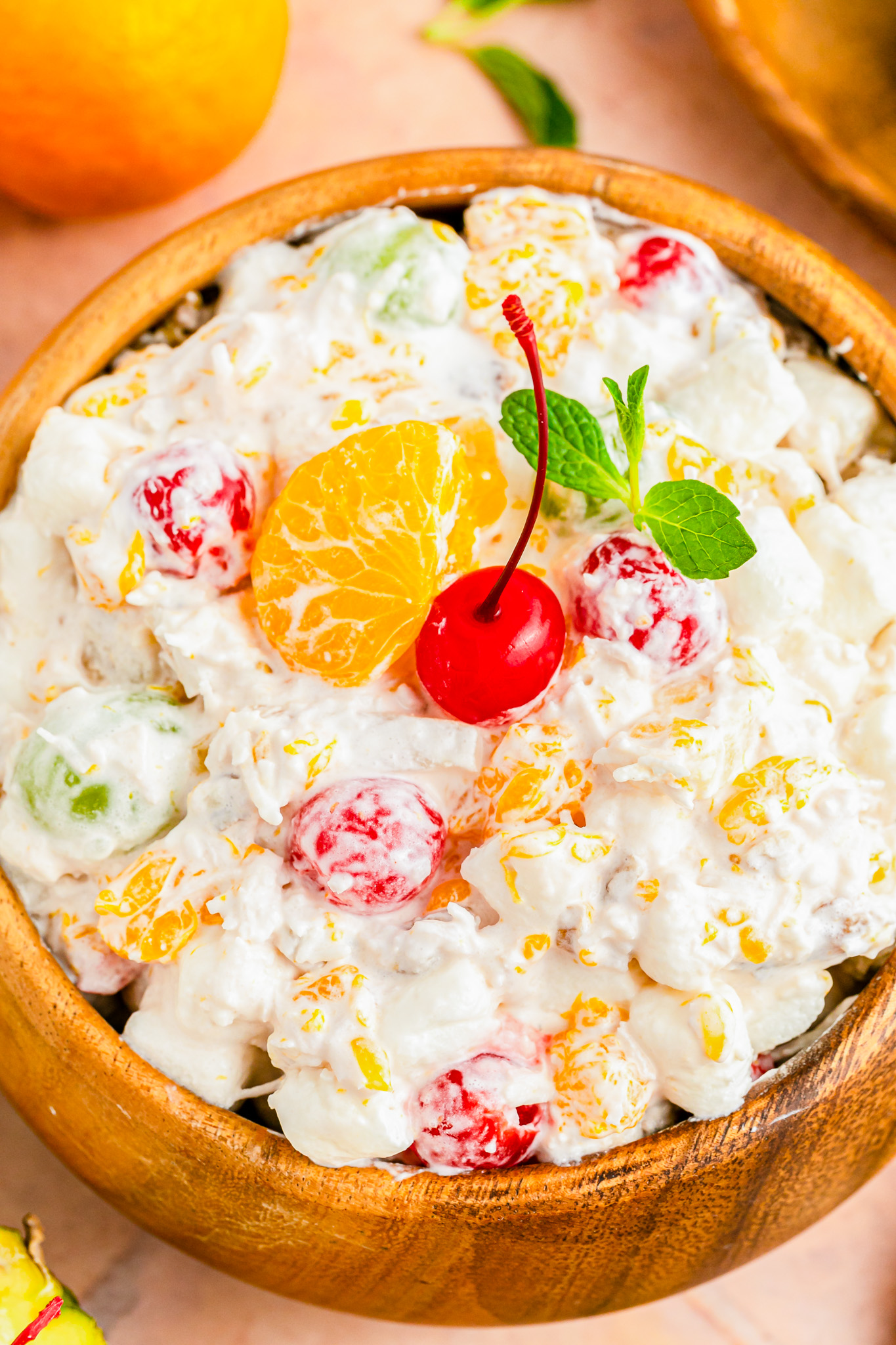 ambrosia fluff in wooden bowl