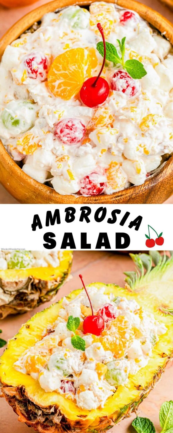 This light, fluffy, creamy AMBROSIA SALAD RECIPE is the perfect summer dessert. A blend of fruits, marshmallows, coconut and walnuts in a creamy fluff base. ambrosia salad recipe pinnable image with title text