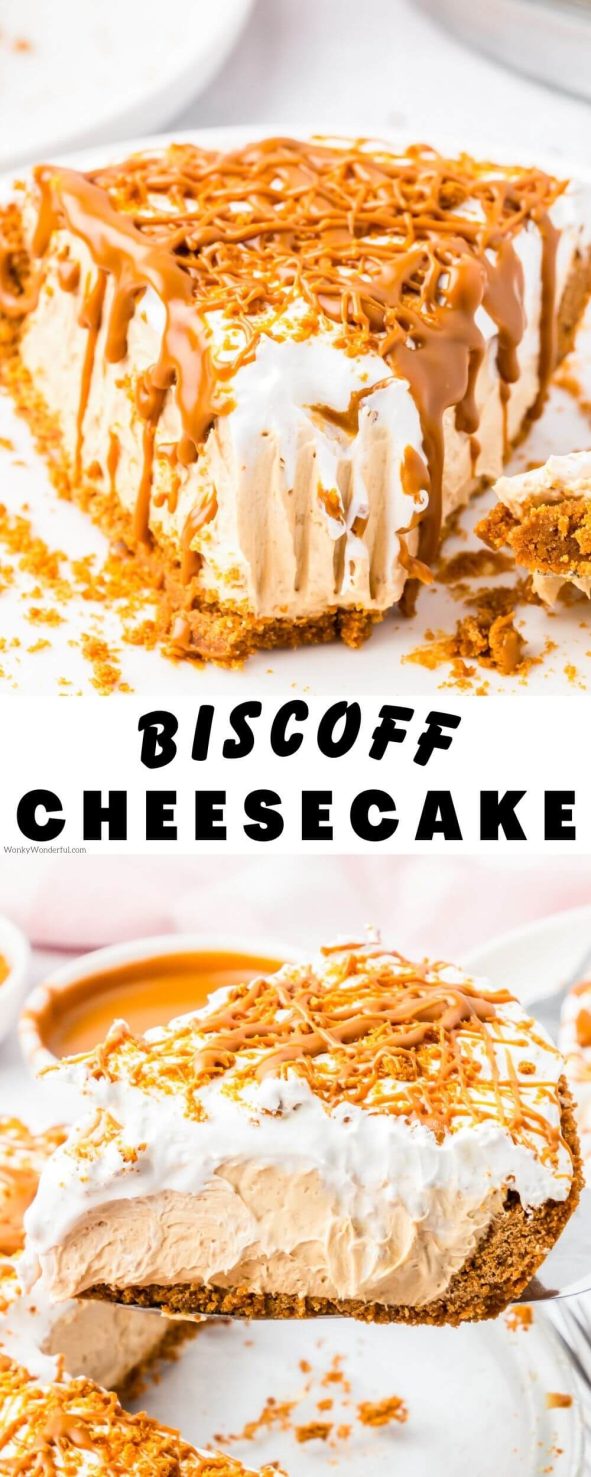 This BISCOFF CHEESECAKE is an easy holiday dessert recipe. Biscoff cookie crust filled with creamy Biscoff cheesecake then topped with a Biscoff drizzle. biscoff cheesecake pinnable image with title text