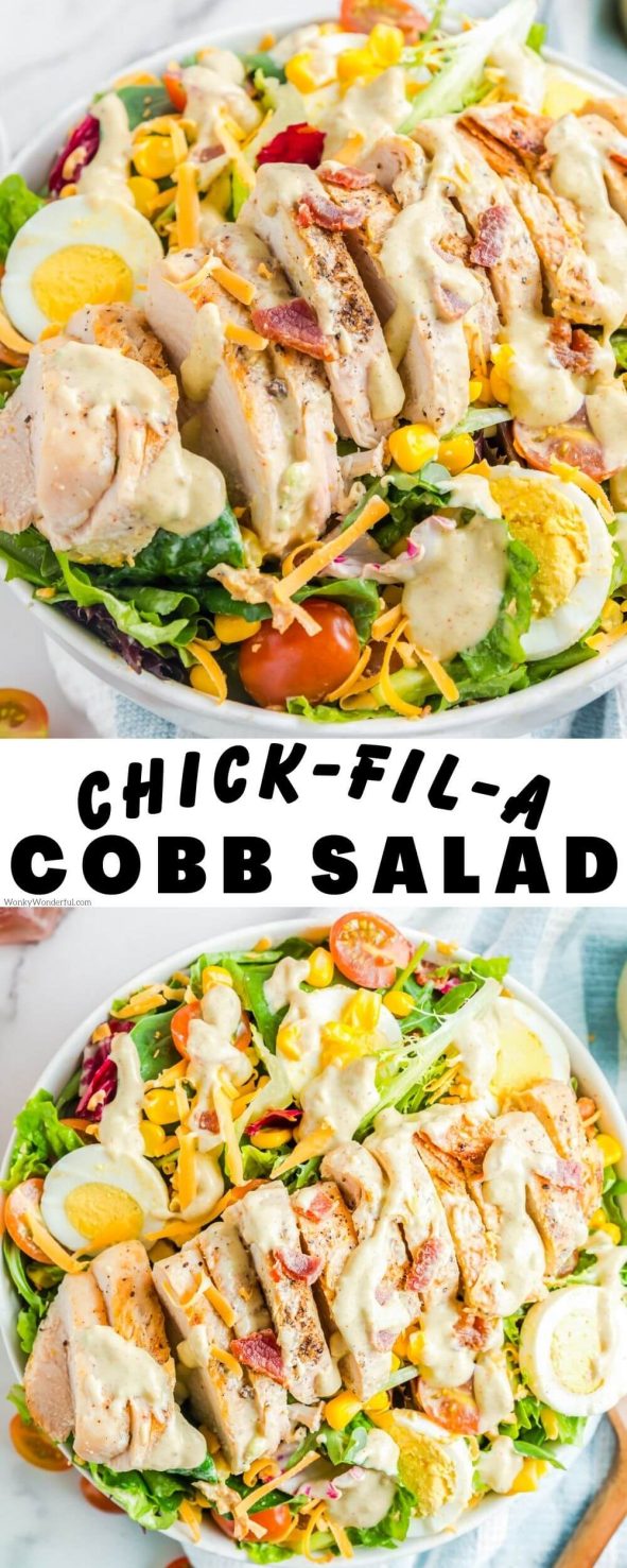 This COPYCAT CHICK-FIL-A COBB SALAD RECIPE is super easy to make at home. Lettuce, tomatoes, cheese, eggs, bacon and corn tossed with an Avocado Lime Ranch Dressing. chick fil a Cobb salad pinnable image with title text