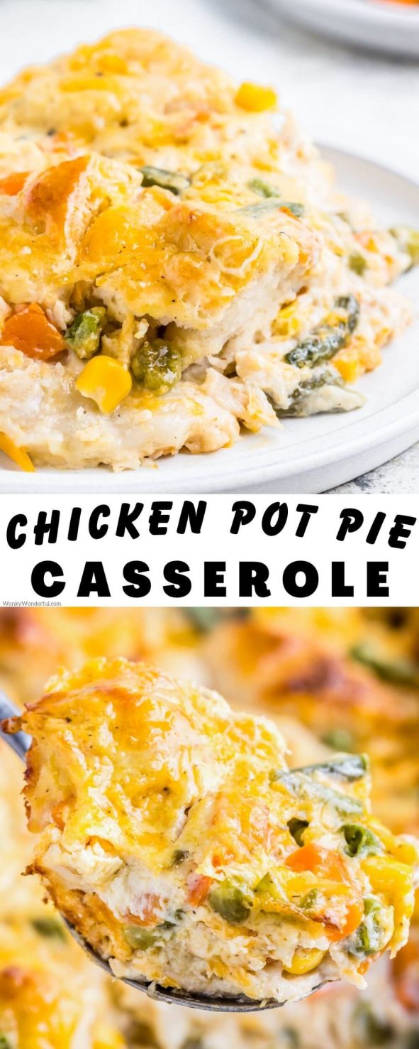 This CHICKEN POT PIE CASSEROLE takes only a handful of ingredients and is ready in about 45 minutes. Perfect for weeknight dinners to bring thee family together over a warm comfort food meal. chicken pot pie casserole pinnable image with title text