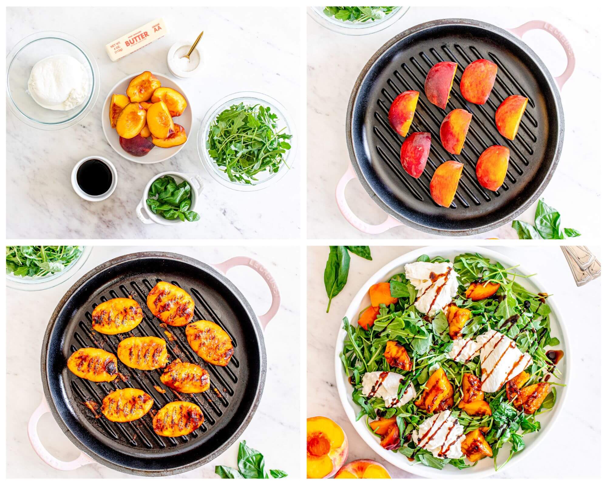 peach burrata salad process photo collage