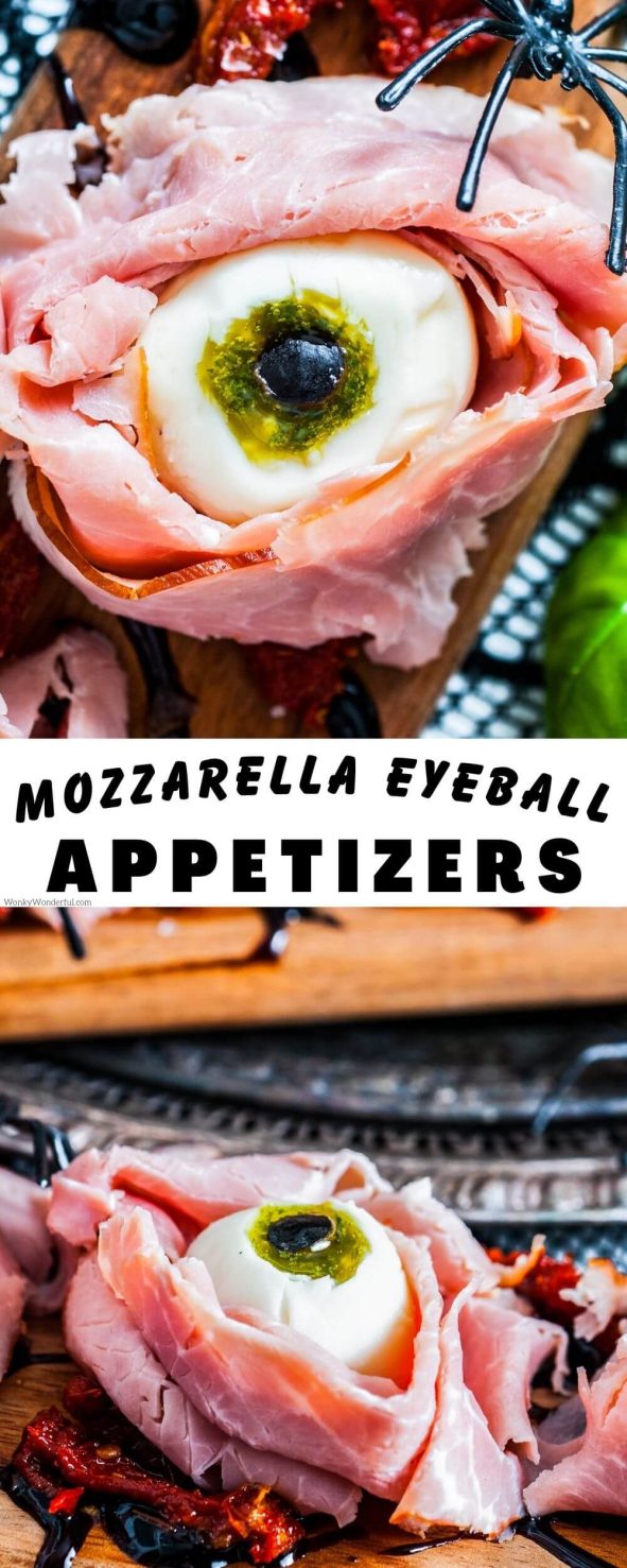 mozzarella eyeball halloween appetizer pinnable image with title text