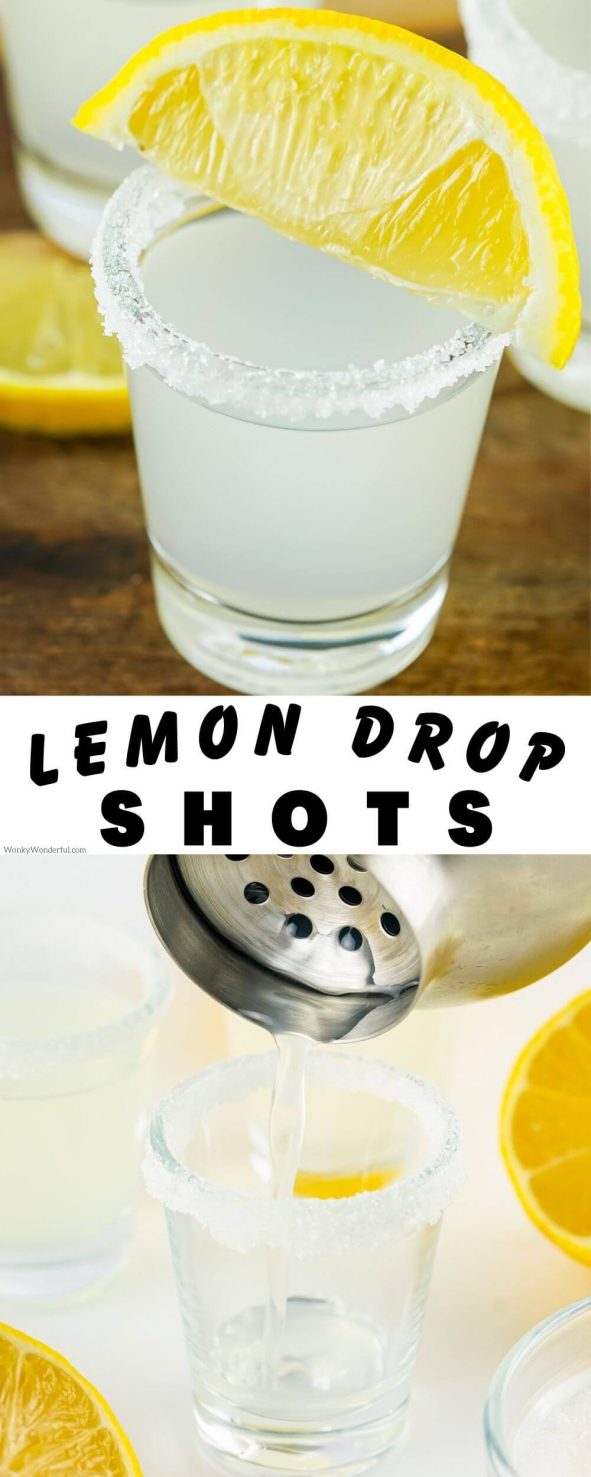 Make this LEMON DROP SHOT RECIPE to add a little pucker to your party. Tangy lemon flavored shots with a sugar rim. lemon drop shot recipe pinnable image with title text