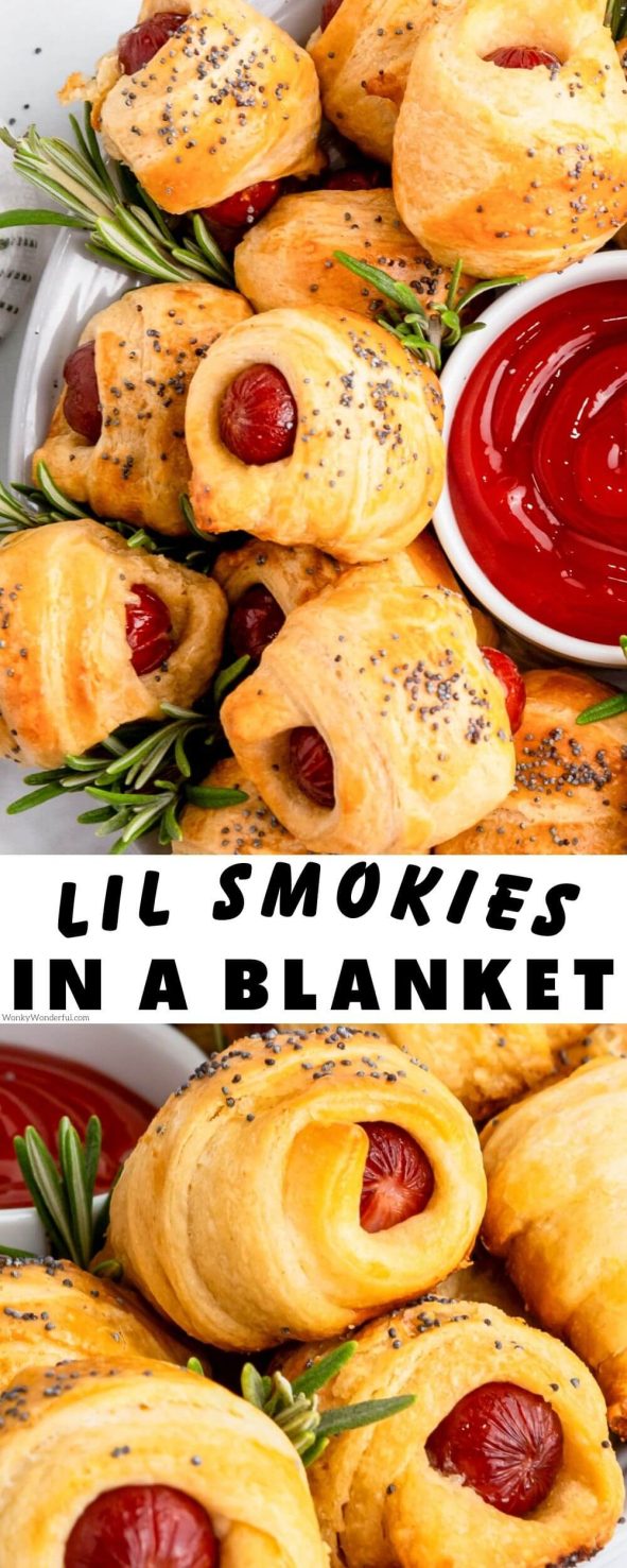 Make these MINI PIGS IN A BLANKET for a fast and tasty snack or appetizer. Perfect for parties, holidays, potlucks or just a fun dinner idea the kids will love. mini pigs in a blanket pinnable image with title text