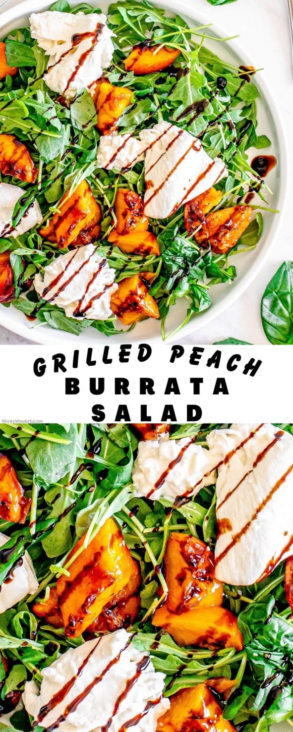 This BURRATA GRILLED PEACH SALAD is summertime flavor on a plate. Fresh sweet peaches grilled, creamy burrata cheese, peppery arugula and a drizzle of tangy balsamic vinegar. burrata grilled peach salad pinnable image with title text