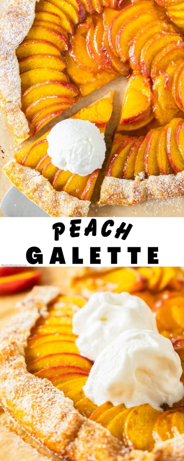 Make this PEACH GALETTE to truly enjoy those ripe summer peaches. Sweet peaches tucked into a buttery crust baked to golden perfection for the ultimate summertime dessert. peach galette pinnable image with title text