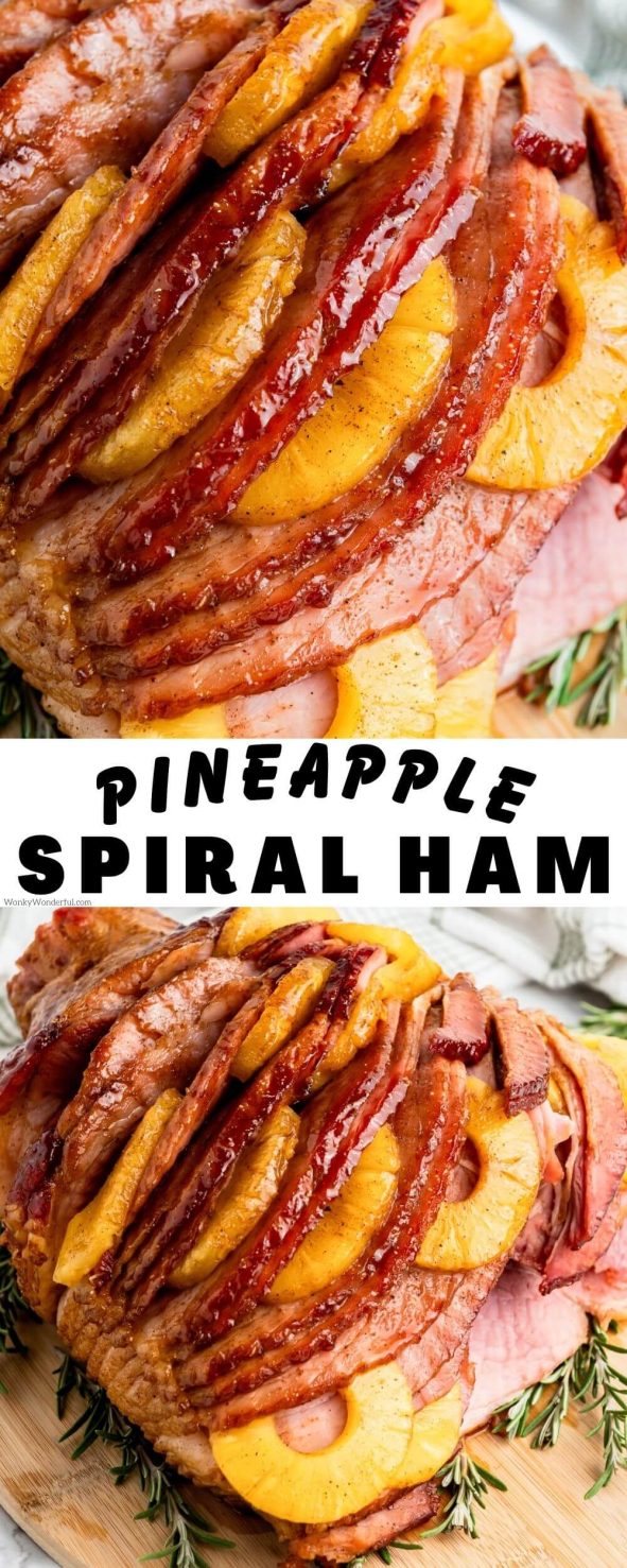 This BROWN SUGAR PINEAPPLE HAM is perfect for your holiday dinner because it is so easy! Just 3 ingredients, put them together then bake. Done. brown sugar pineapple ham pinnable image with title text
