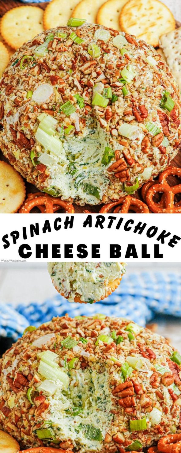 Make this SPINACH ARTICHOKE DIP CHEESE BALL for holidays, parties, barbecues or potlucks. A fun and easy appetizer that will surely be a crowd favorite. spinach artichoke dip cheese ball pinnable image with title text