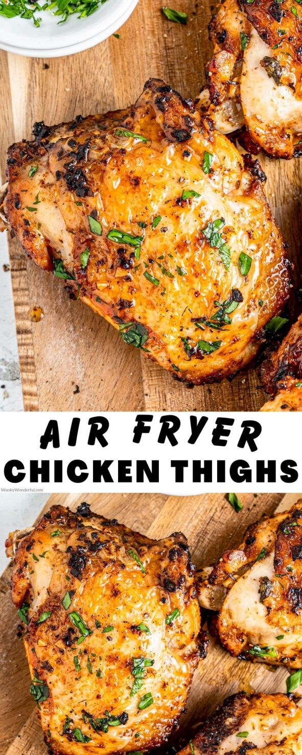 AIR FRYER CHICKEN THIGHS are the absolute best way to cook chicken thighs. The skin gets super crisp on the outside while the inside is tender and juicy. air fryer chicken thighs pinnable image with title text
